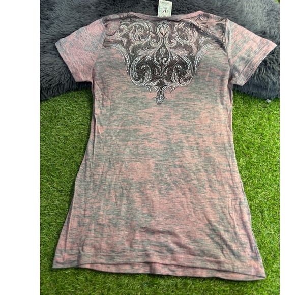 Vocal Womens Rhinestone Fleur de Lis Top Gray Pink Heathered Short Sleeve - Picture 1 of 6